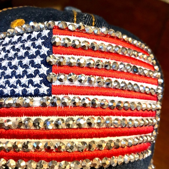PATRIOTIC DENIM BASEBALL HAT CAP AMERICAN FLAG WITH RHINESTONES DIAMOND ACCENT - Picture 8 of 14